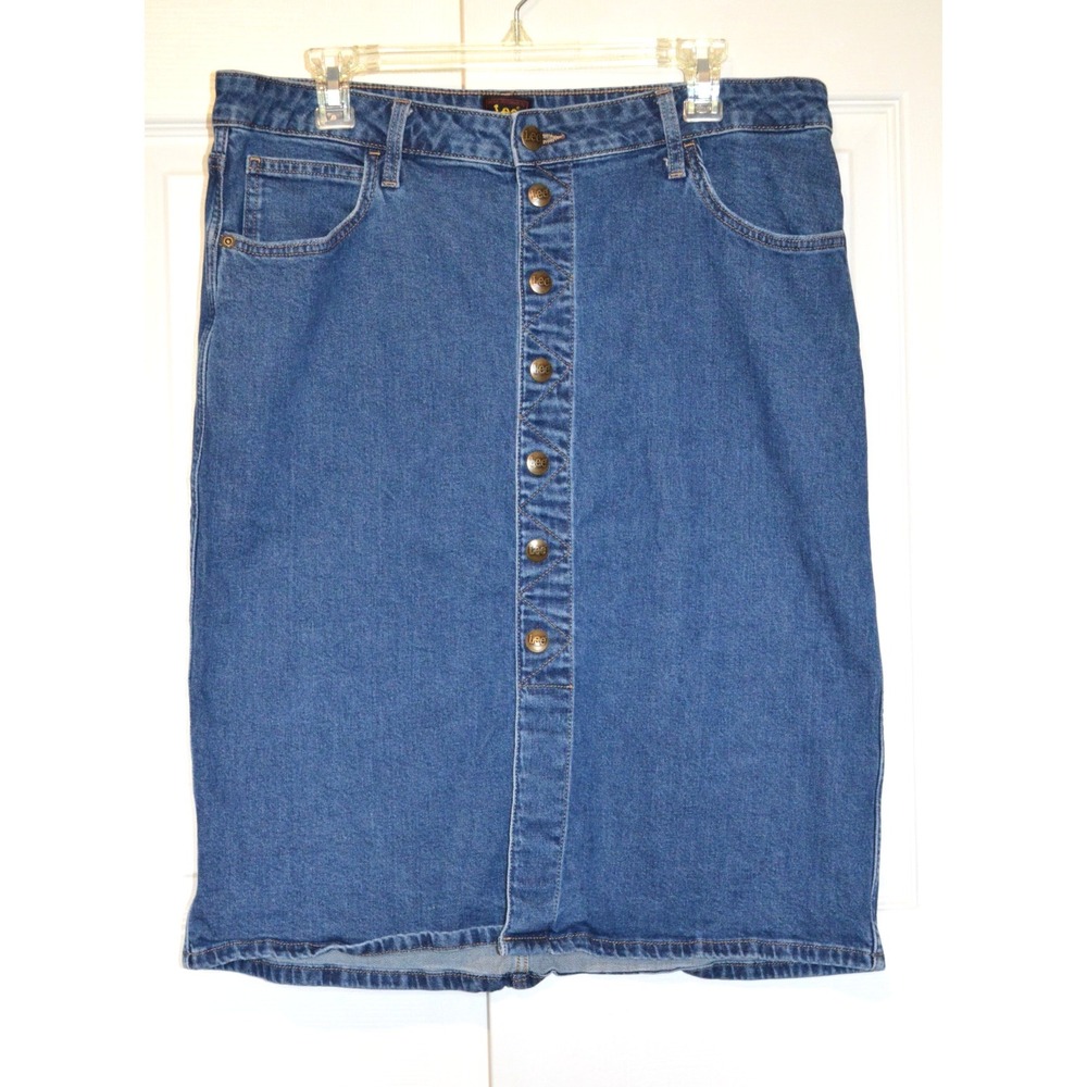 Vintage Lee Blue Jean Denim Skirt Women's Size 14 Snap Front Stretch Western‎